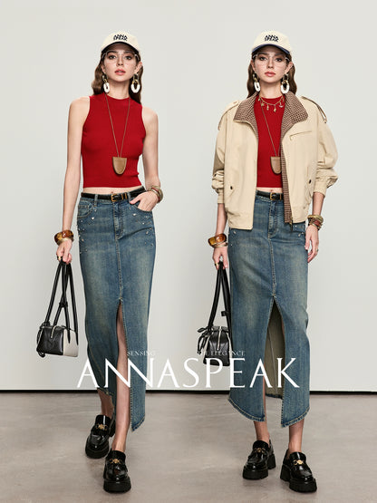 ANNASPEAK Denim long staple cotton slit skirt denim skirt-ISLE.