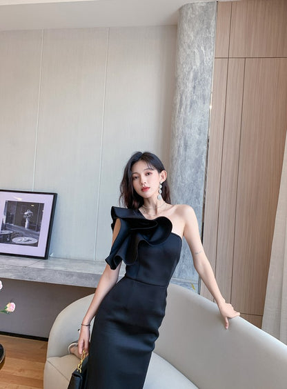 DOLLY Elegant Slant Collar Off Shoulder Petal Sleeves Dinner Dress-AMINA