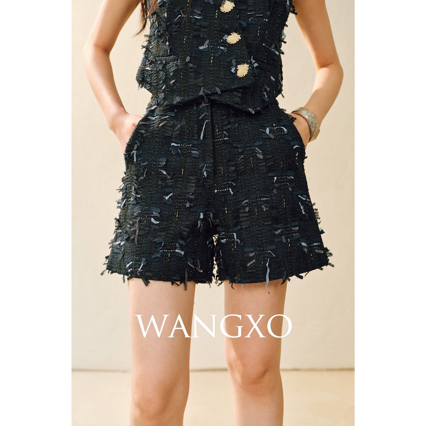 WANGXO | Yaluxe Custom \Pull Wool  Multi-Yarn Woven Vest, Shorts & Skirt Set -RINA