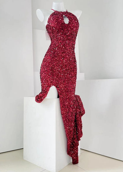 DOLLY Elegant Sleeveless Sequin Halter High Waist Fish Tail Evening Dress-BECCA