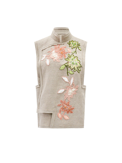 M essential Mackay Puli linen embroidered stand collar gilet vest pant set - Eight Treasures sedum