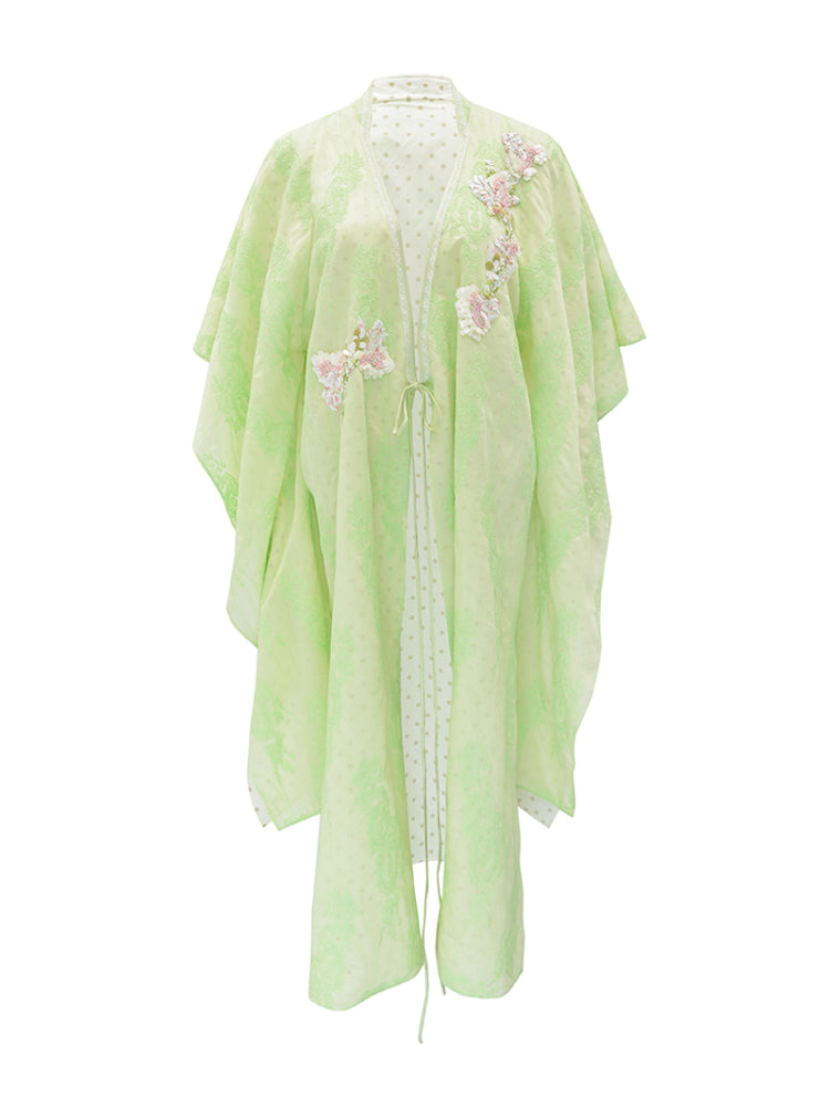 M essential Mackay designer green embroidered fabric magnolia beaded cardigan robe - RUTH.