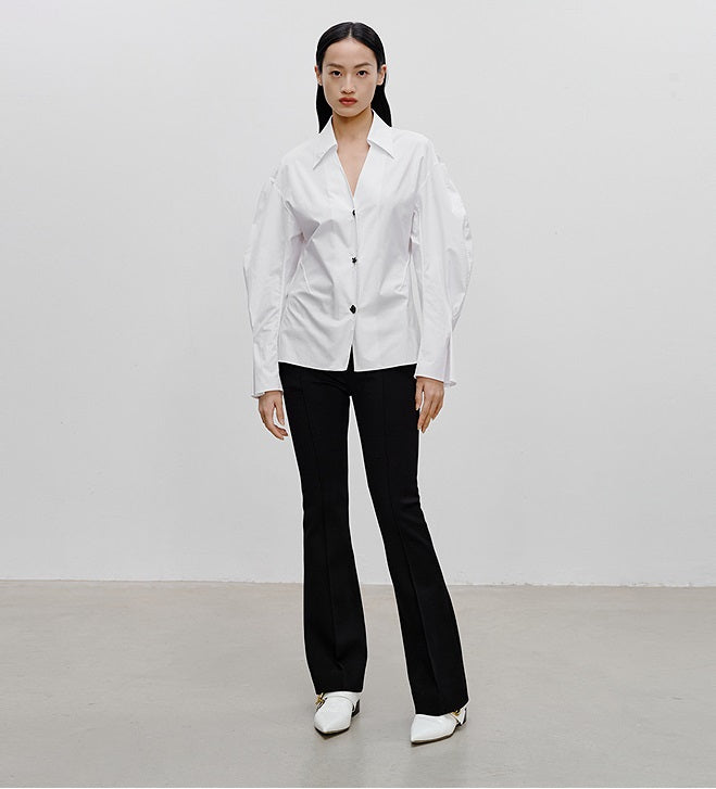 COMME MOI Lu Yan designer's new women's white cotton elastic V-neck commuter shirt - GIFTED.