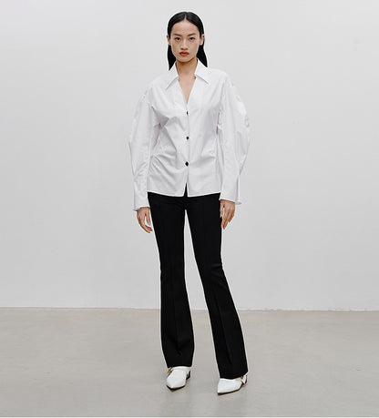 COMME MOI Lu Yan designer's new women's white cotton elastic V-neck commuter shirt - GIFTED.