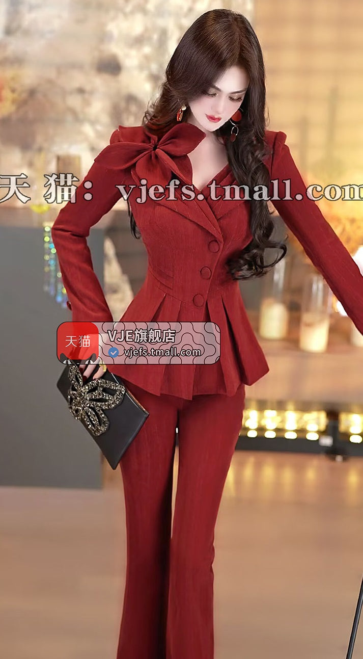 VJE Three-dimensional Flower Top Flared Pants Two-Piece Irregular Suit-LIMI.