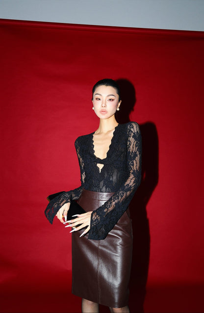 MEI SANGUAN coffee color hip-hugging skirt - ANDREW