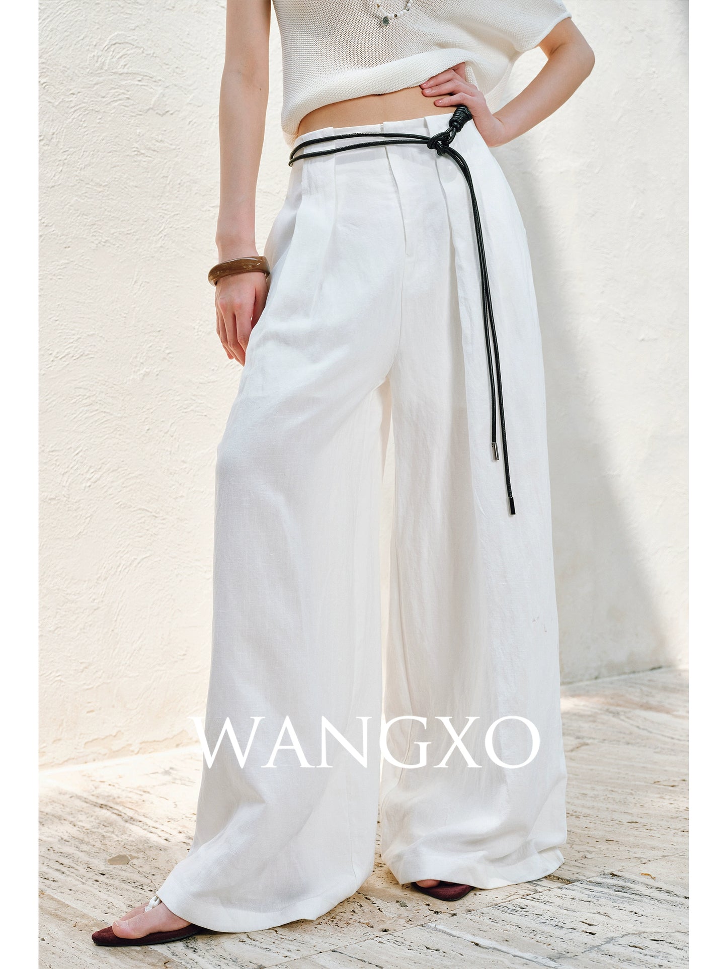 WANGXO |Linen Delicate Knit Slant Shoulder Top & Tailored Straight Pants with Airy Elegance Suit Set -RAYA