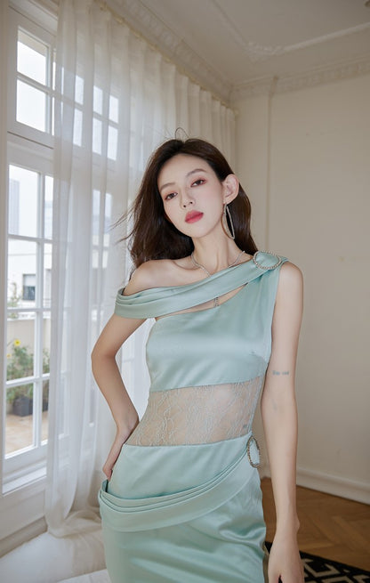 DOLLY Luxury Mint Slant Collar Sleeveless High Waist Long Fish Tail Lace Dress-LARISA