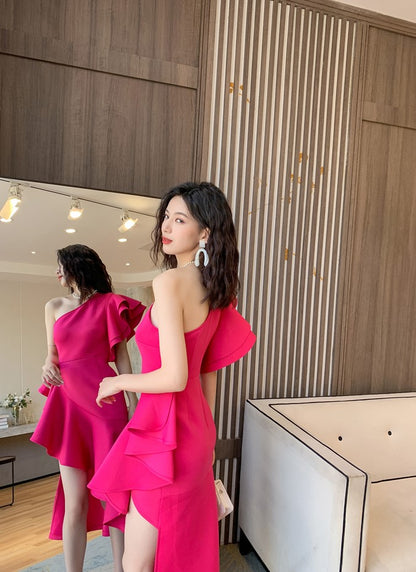 DOLLY Elegant Slant Collar Ruffle Sleeve Slim Fit Midi Irregular Skirt Party Dress-GANGA