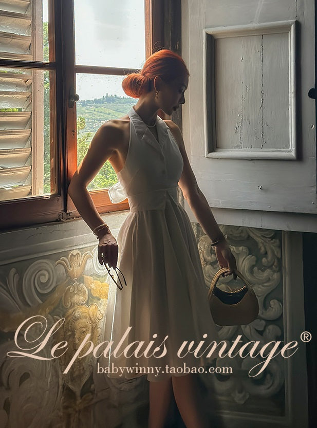 Le Palais Vintage Elegant Pure White Cotton and Linen Halter neck Vest High Waist Swing Skirt-MIA