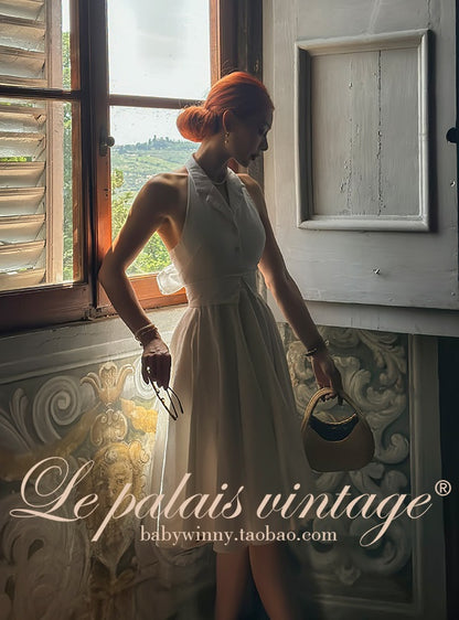 Le Palais Vintage Elegant Pure White Cotton and Linen Halter neck Vest High Waist Swing Skirt-MIA