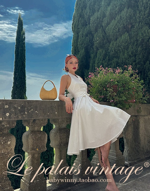 Le Palais Vintage Elegant Pure White Cotton and Linen Halter neck Vest High Waist Swing Skirt-MIA