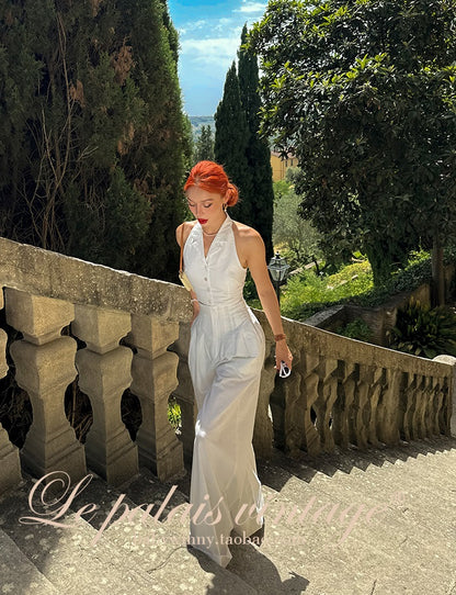 Le Palais Vintage Elegant Pure White Cotton and Linen Halter neck Vest High Waist Swing Skirt-MIA