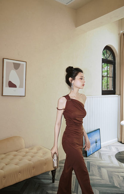 DOLLY High End Caramel Coffee Slant Collar Sleeveless High Waist Long Dinner Dress-CALYPSO  (V)