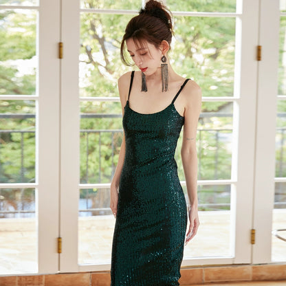 DOLLY Elegant White Square Collar Sleeveless Sequin Long Cocktail Dress-ELAINE