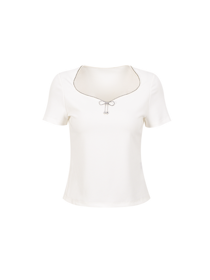 YES BY YESIR |  Diamond Bow Short Sleeve Casual Top-LYANNE.