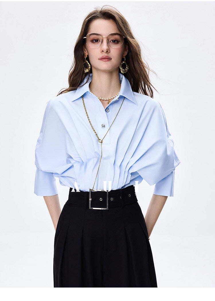 AUI design sense irregular polo collar blue shirt long sleeve top - RESORT.