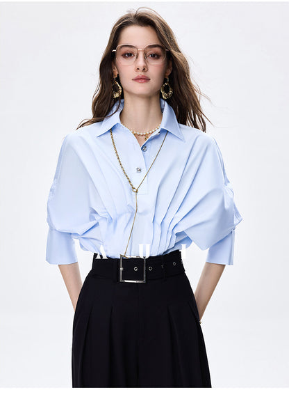 AUI design sense irregular polo collar blue shirt long sleeve top - RESORT.