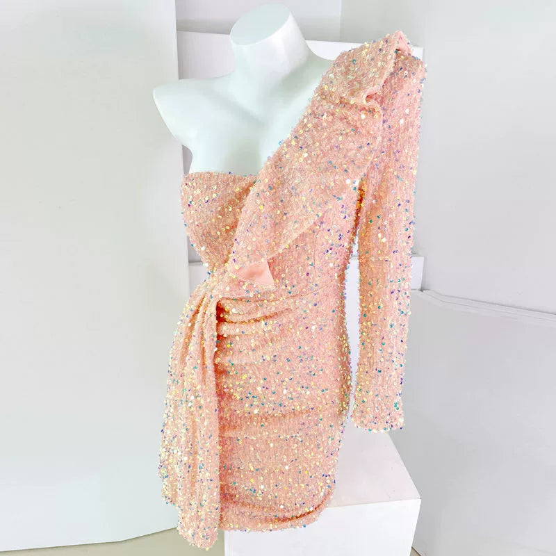 DOLLY Luxury White Sequined Slant Collar Off Shoulder Long Sleeve Dinner Dress-KAKA