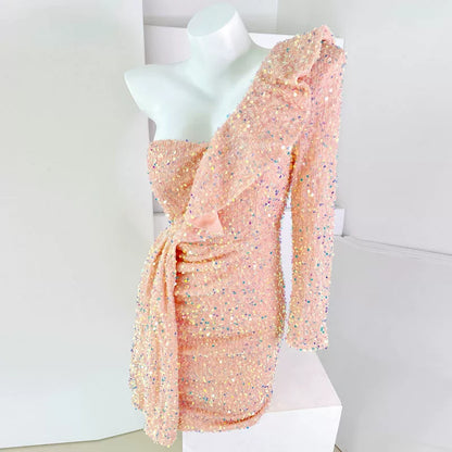 DOLLY Luxury White Sequined Slant Collar Off Shoulder Long Sleeve Dinner Dress-KAKA