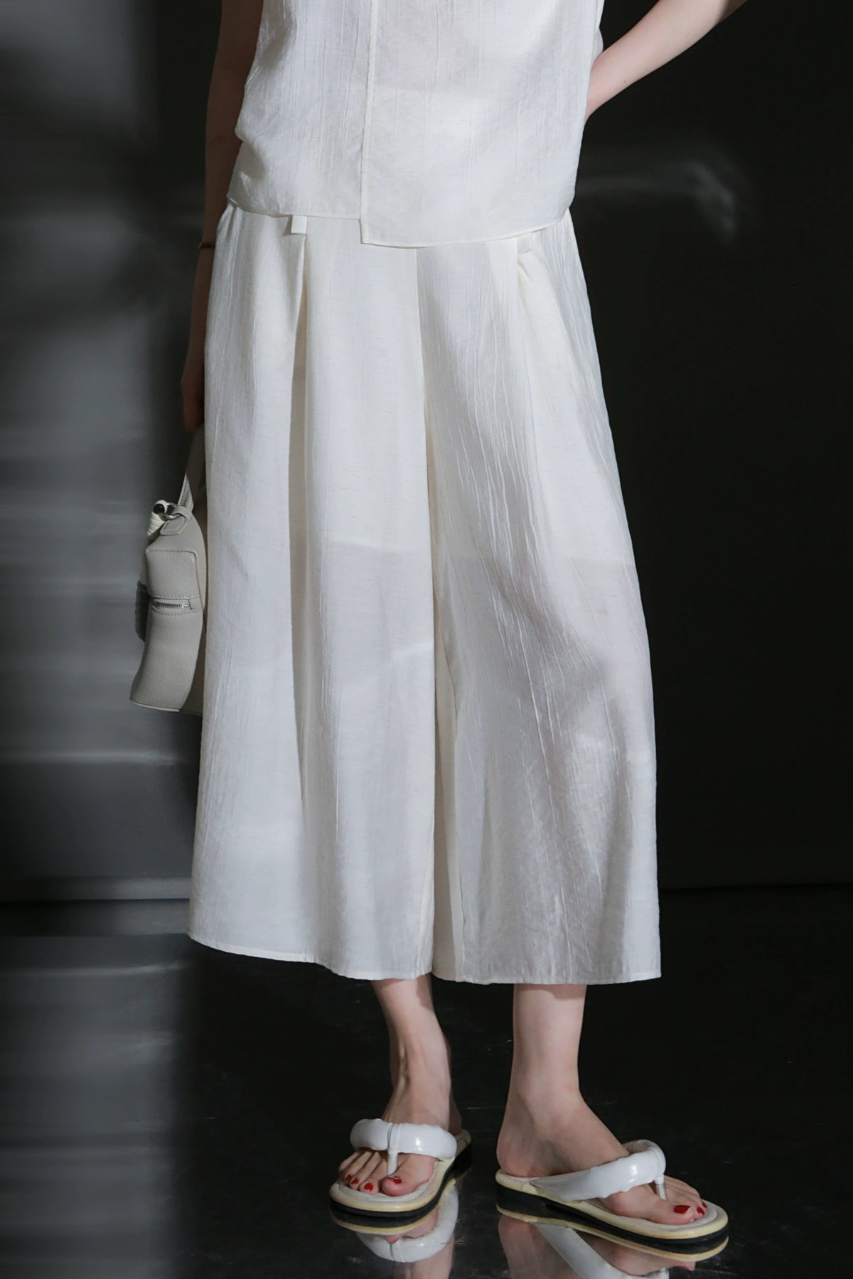 PIAOIN textured linen silk loose wide-leg cropped pants set summer-GISELLE.