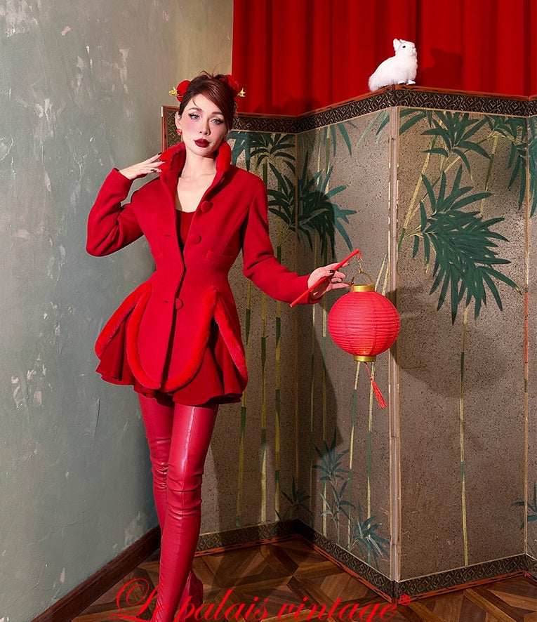le palais vintage retro elegant red furry slit jacket coat - Dtri.