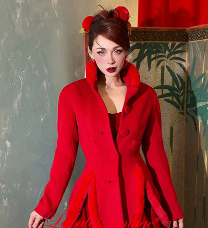 le palais vintage retro elegant red furry slit jacket - Dtri.