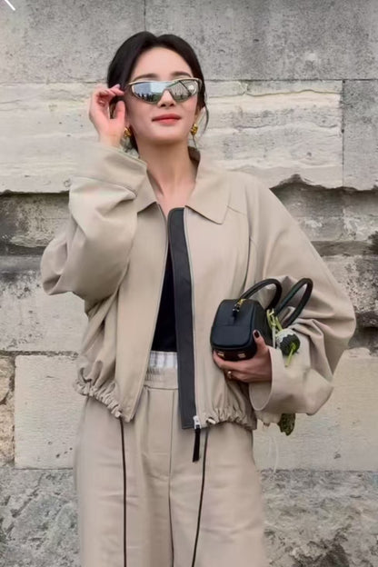 PIAOIN Small lapels short motorcycle leather jacket hem trimmed spring-DAX.