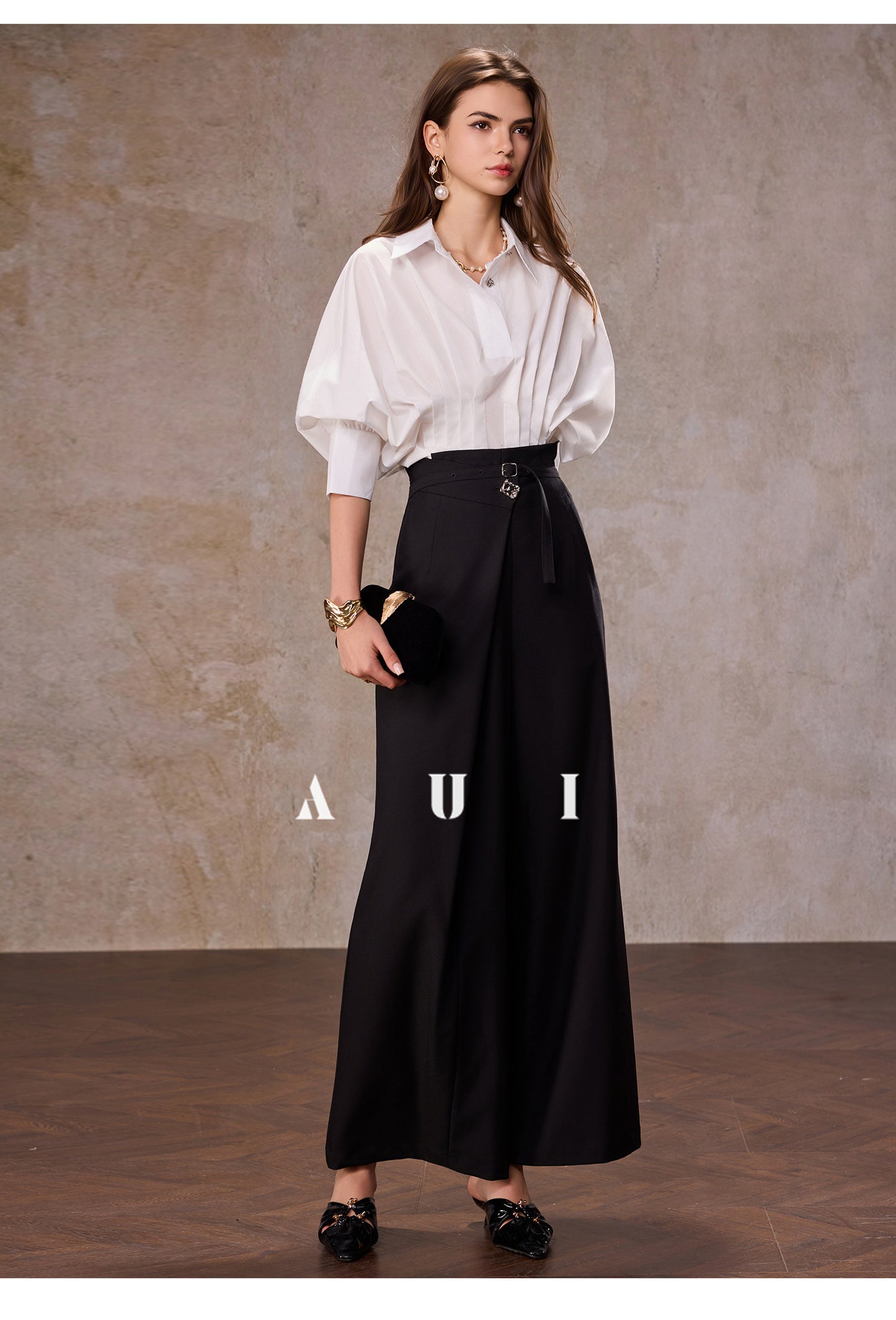 AUI design sense irregular polo collar blue shirt long sleeve top - RESORT.