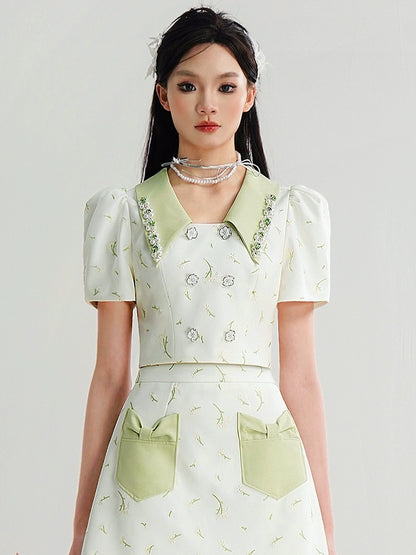 CHECOCRE Cute Bow Pocket Pearl Chain Embroidered  White Suit Set- SETO