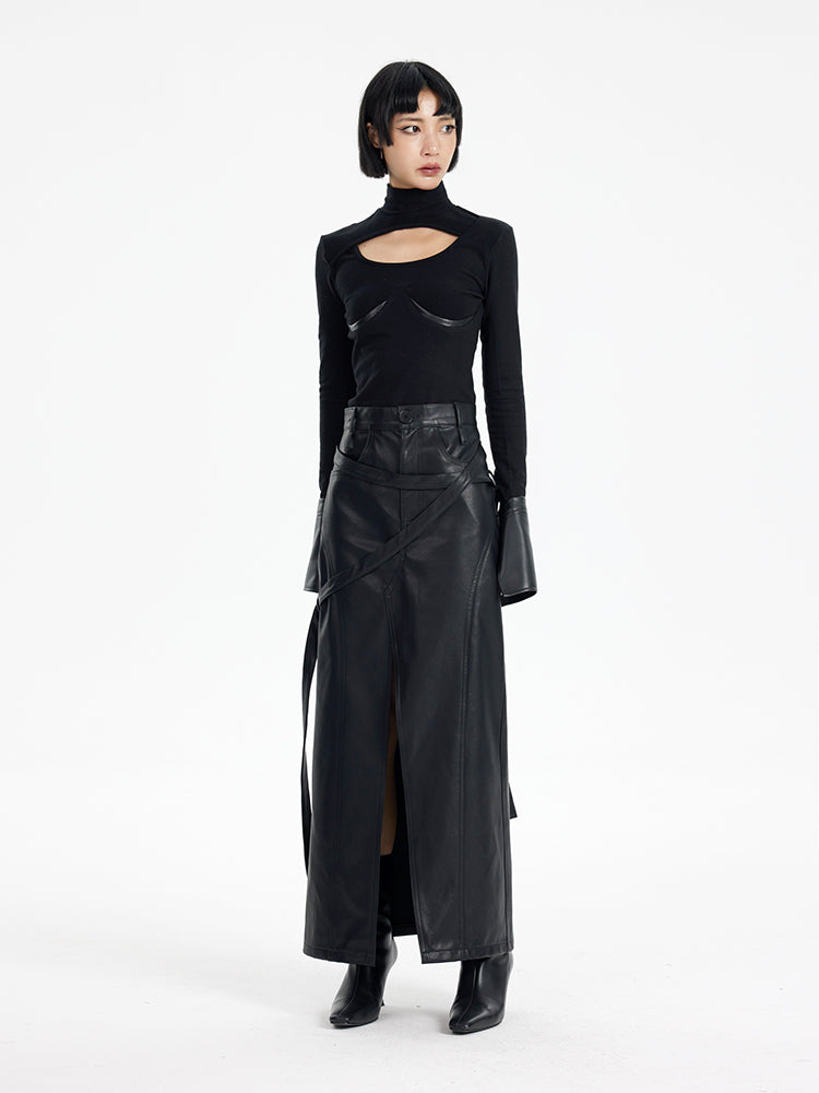 TINY IN black irregular tie women's high waist slit pu leather long skirt -CAM