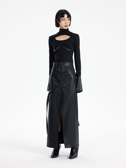 TINY IN black irregular tie women's high waist slit pu leather long skirt -CAM