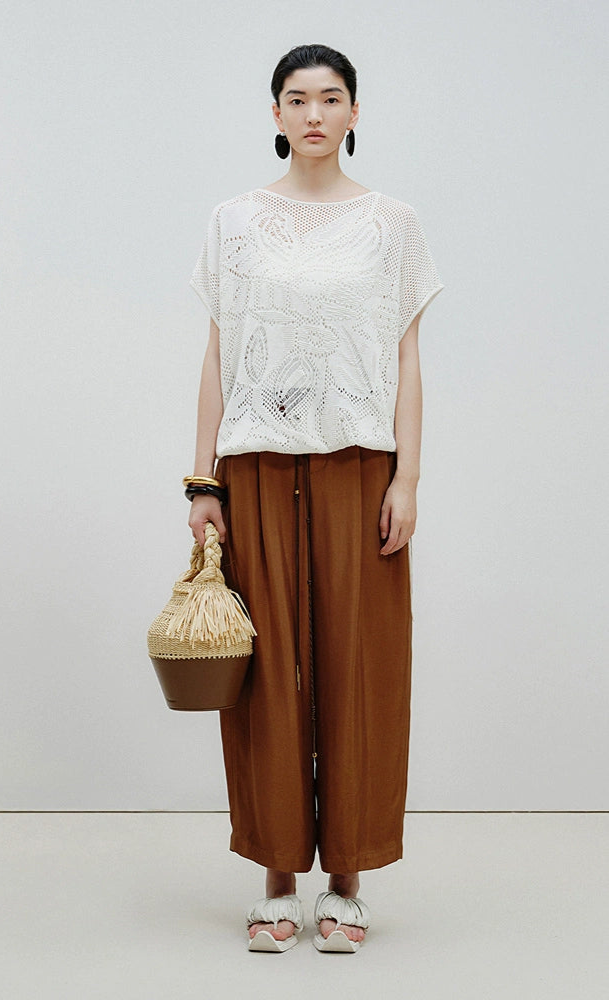 ZHUCHONGYUN coffee brown hand-woven belt cropped pants-TODOROKI.
