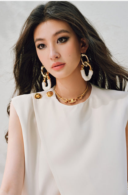 WANGXO Elegant Commuter-Style Diagonal Placket with Loose Pleated Slit Vest & Skirt Suit Set -NALA