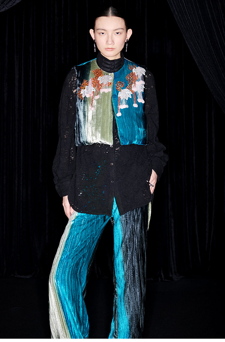 M essential Mackay designer hand-painted velvet tassel-embellished gilet - Quilse.