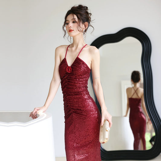 DOLLY Elegant Burgundy Red Halter Neck Slim Fit Sequin Long Cocktail Dress-KIKI (V)