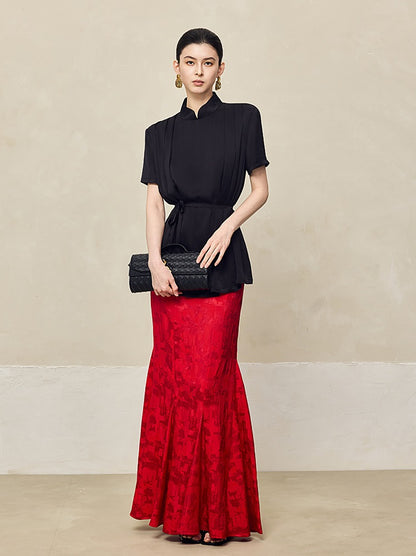 HECO acetate press-pleated cinched waist black white texture t-Shirt - NONE.