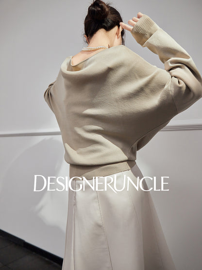 DGU "Shallow Realm" gray-green knitted sweater V-neck loose slimming temperament top - EKKO.