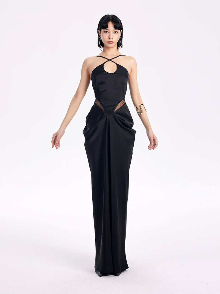 TINY IN satin irregular slip sleeveless hip pleated long dress -KING