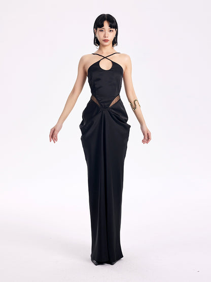 TINY IN satin irregular slip sleeveless hip pleated long dress -KING