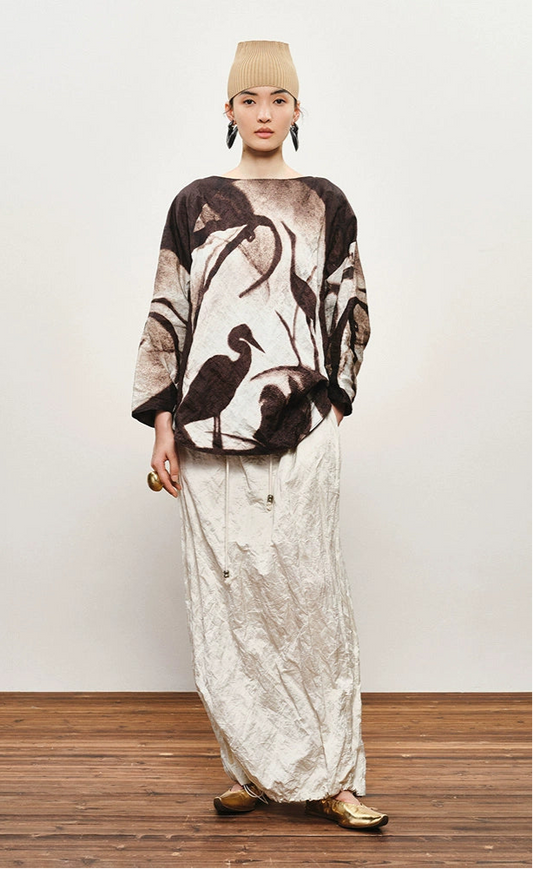 ZHUCHONGYUN stork leaf autumn song curved hem top--LUPIN.