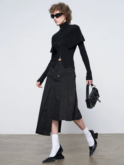 ANNAKIKI model black asymmetrical pleated skirt for women-CHIKAKO