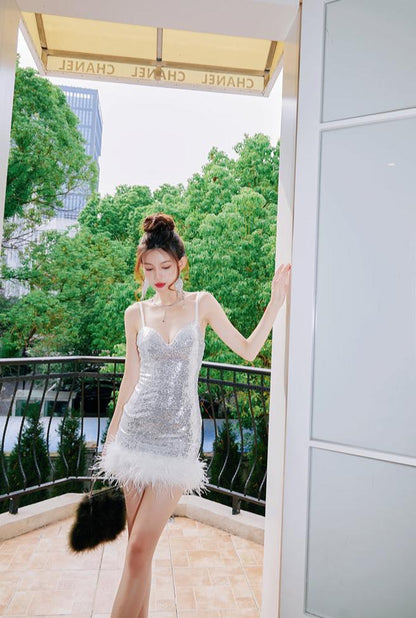 DOLLY Luxury Sliver Sleeveless Sequin Feather Suspender Slim Fit Party Dress-AADHIRA