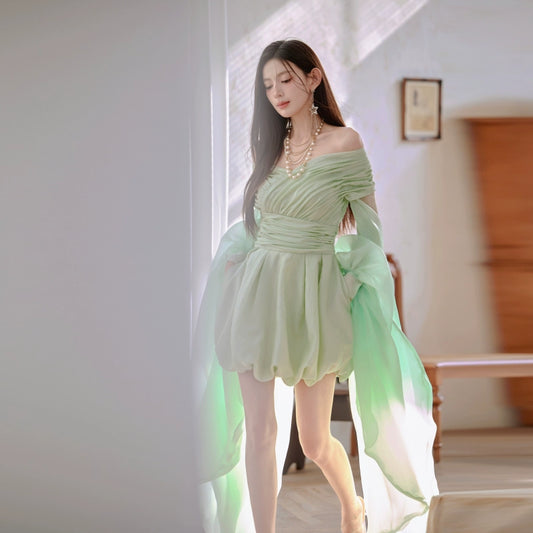 DOLLY High End Green Off Shoulder Puff Sleeves Pleated Tutu Dress-Kcee  (V)