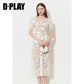 White open-work Lace Three-Dimensional Metal Buckle High Waist Dress - Ebin