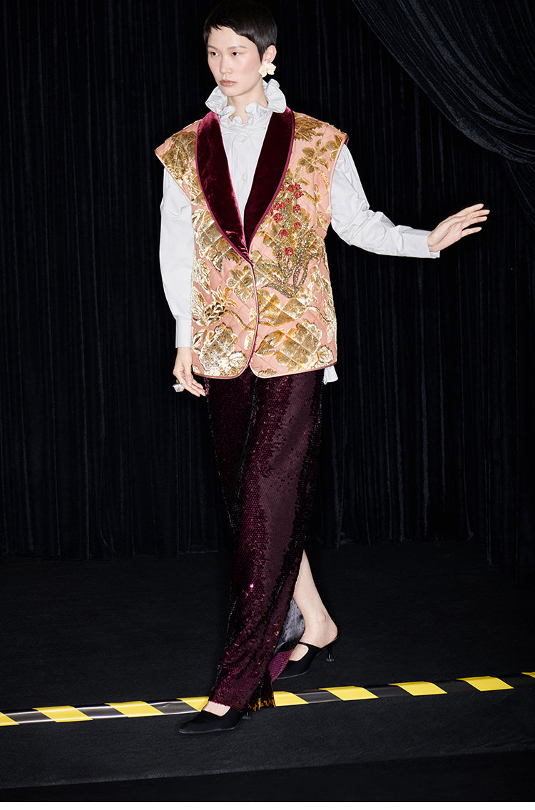 M essential Mackay designer embroidered quilted cotton gilet sequin long skirt-  lily of the valley