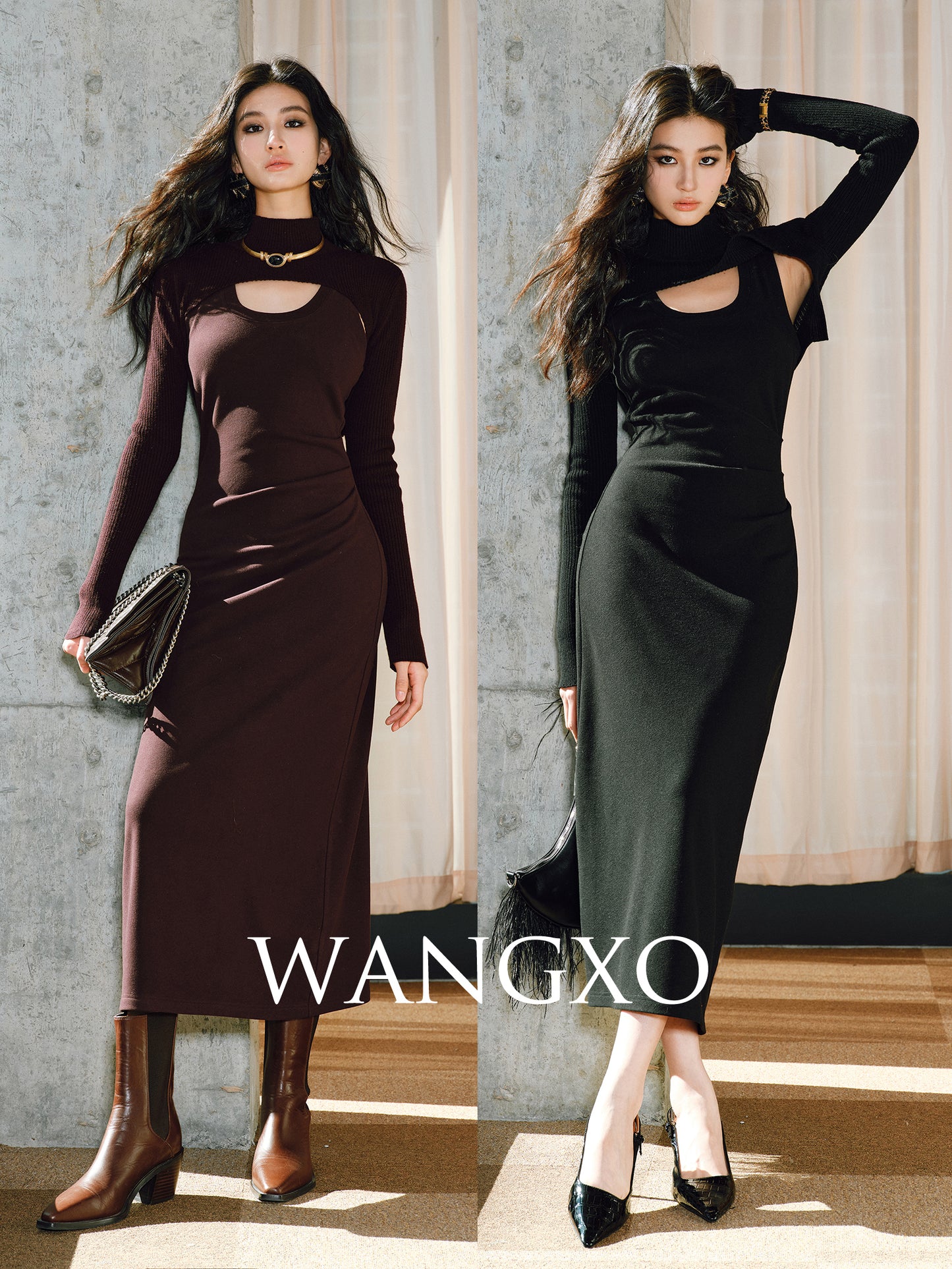 WANGXO | Delicate 12-Needle Wool Pit Texture U-Neck Side Pleated Dress- RINA.