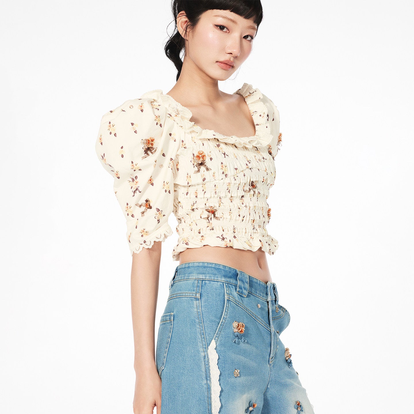 FAME Pastoral Print Beaded Court Short Slim Top - AVA