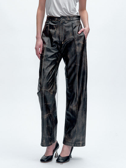 JACQUES WEI Dark Vintage Distressed Brown Leather Pants - LYDIA