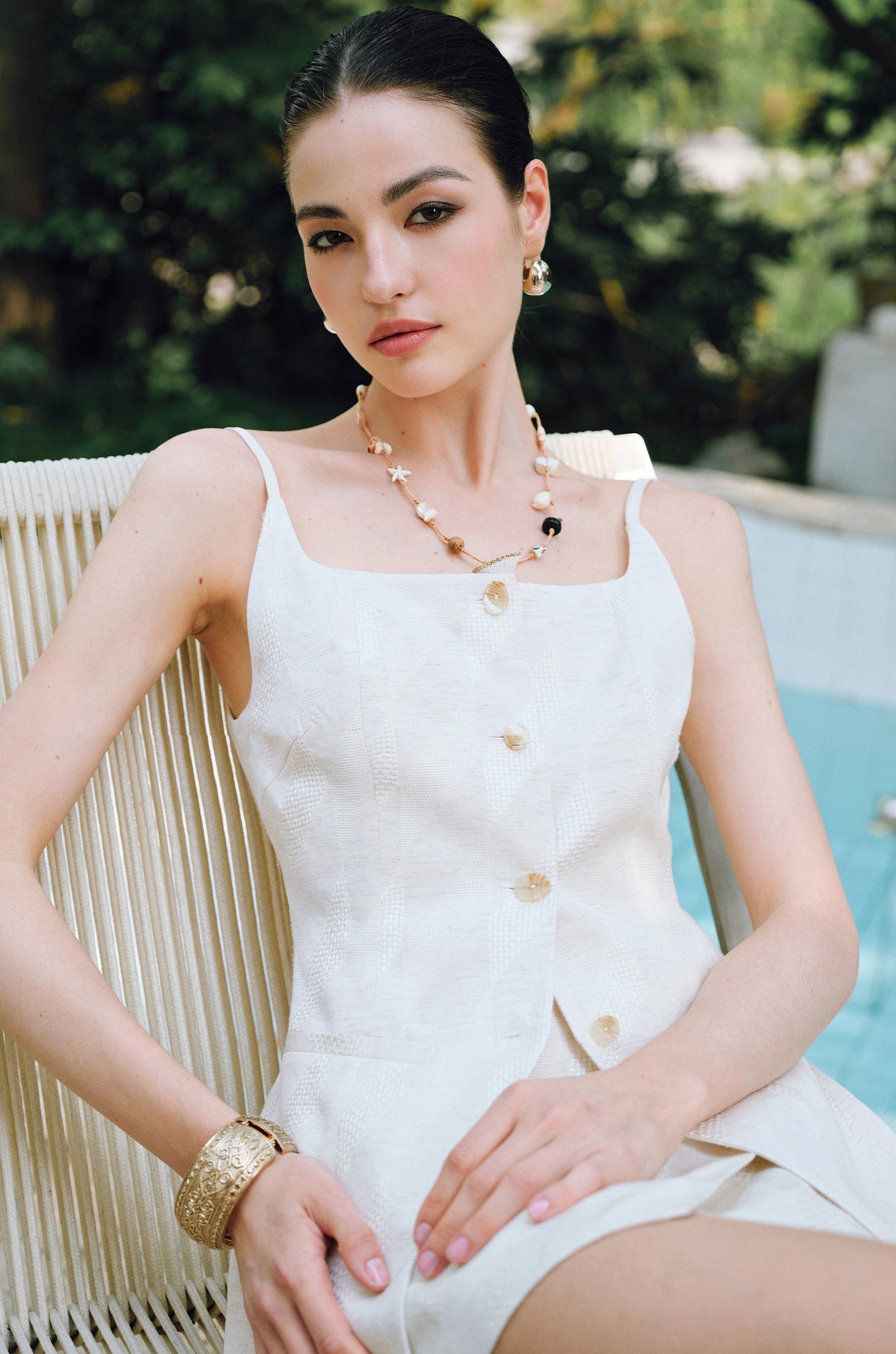WANGXO | Oxygen-Induced Linen with Rhombic Texture  Waist-Cinched U-Neck Camisole Vest & Tie Skirt Set -NOLA